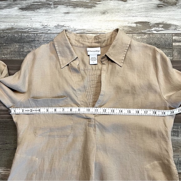 Soft Surroundings Tan Long Sleeve 100% Linen Collared Tunic Top Size PS Pockets - Picture 11 of 12